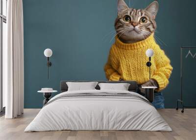 Cat wearing a yellow knitted sweater and blue jeans, studio shot. Adorable pet fashion and cute animal portrait concept Wall mural