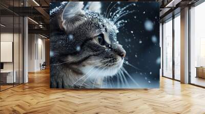 Cat with snow covered fur in winter profile view, serene nature moment Wall mural