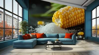 Close-up of corn on the cob with salt, fresh and appetizing vegetables Wall mural