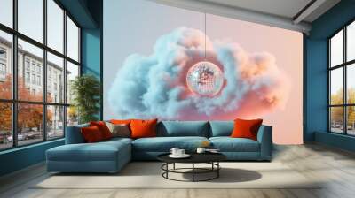 Cloud with hanging disco ball, surreal art concept Wall mural