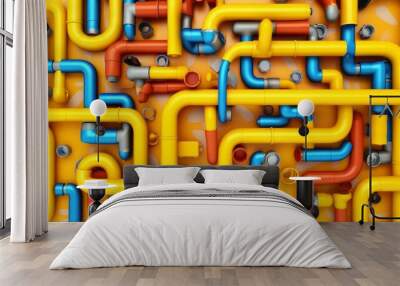 Colorful 3D illustration of various types of intertwined pipes merged in irregular figure on yellow background. Generative ai Wall mural