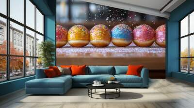 Colorful donuts with sprinkles lined up on wooden board, playful dessert concept Wall mural