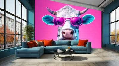 Cow wearing sunglasses on pink background, surreal animal portrait Wall mural