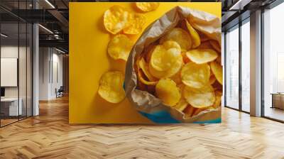 Crispy potato chips spilling out of a paper bag on a yellow background. Snack time and junk food concept Wall mural