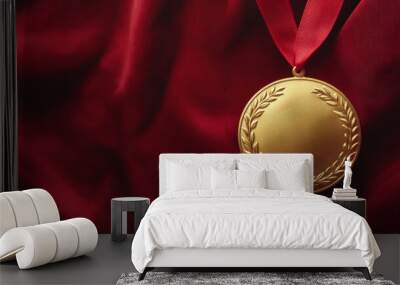 Gold medal with red ribbon on velvety fabric, victory and achievement concept Wall mural