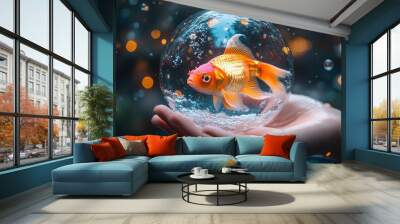 Goldfish in a hand-held glass sphere with bokeh lights, close-up view. Surreal nature and pet care concept Wall mural