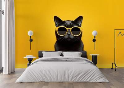 Illustration of a black cat wearing yellow sunglasses on a yellow background Wall mural