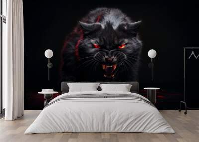 Illustration of a mysterious black cat with piercing red eyes against a dark backdrop Wall mural