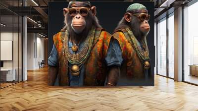 Illustration of two monkeys wearing stylish sunglasses and vests Wall mural