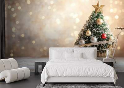 Miniature christmas tree in shopping cart with decorations, festive holiday concept Wall mural