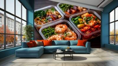 Modern Thai food lunch boxes in plastic packages. Generative ai Wall mural