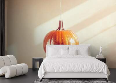 Orange disco ball pendant lamp casting soft shadows, modern interior decor concept Wall mural