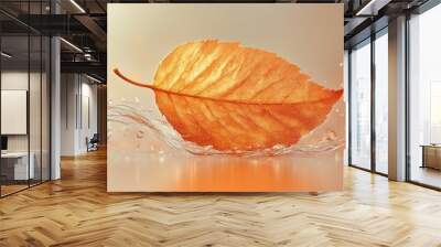 Orange leaf floating on water with splashes, serene autumn scene. Nature and tranquility concept Wall mural