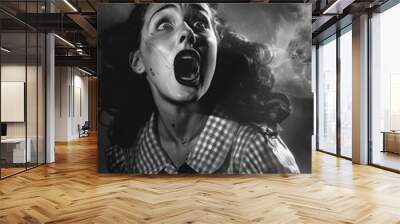 Black and white vintage-style portrait of a woman in terror, with a dramatic expression of fear Wall mural