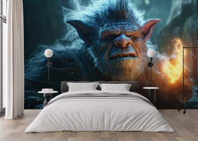 Fantastic old troll with big face and fireball in the hand and light particles uniform background Wall mural