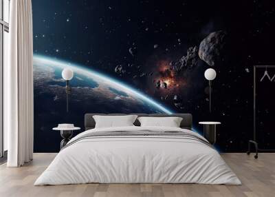 Space planet earth surface shot with meteorites and an explosion in the background. Universe science astronomy space dark background wallpaper Wall mural