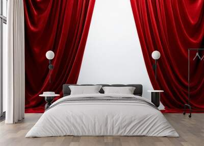 Red velvet curtains opening on white background, theatrical scene. Drama and performance concept Wall mural