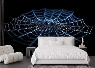 Spider web with dewdrops on black background, close-up. Nature detail and morning beauty concept Wall mural