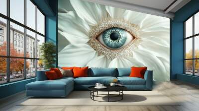 Surreal eye within white flower petals, close-up view. Vision and nature concept Wall mural