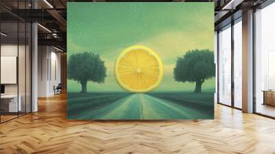 Surreal landscape with road and giant lemon slice between two trees under a green sky Wall mural