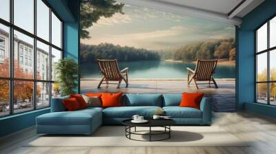 Two chairs by a sparkling swimming pool with a view of the woods Wall mural