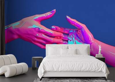 Two human hands what touch each other isolated on purple background in neon light Wall mural