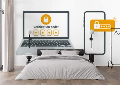 Two steps authentication. Verification push code message on smartphone. Notice with code for secure login or sign in. Two factor verification via laptop and phone. Vector illustration Wall mural