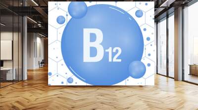 Vitamin B12 shining pill capcule icon. Vitamin complex with chemical formula, group B, cobalamin. Shining substance drop. Meds for heath ads. Vitamin illustration Wall mural