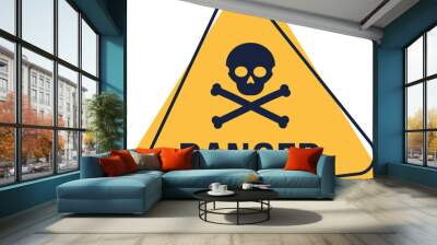 Yellow triangle danger illustration sign. Skull and bones warning sign on white background Wall mural