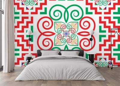 The design of the pattern imitates the ethnic embroidery of the Hmong tribe. It has a unique pattern in green and red tones for use in designing clothes, blankets, wallpaper, and tiles. Wall mural