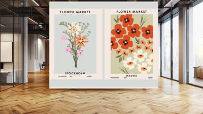 Botanical poster set flowers and branches. Modern style, pastel colors Wall mural