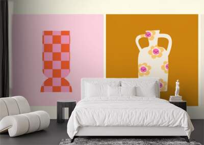 Poster set with vases and pots with floral print Modern style, pastel colors Wall mural