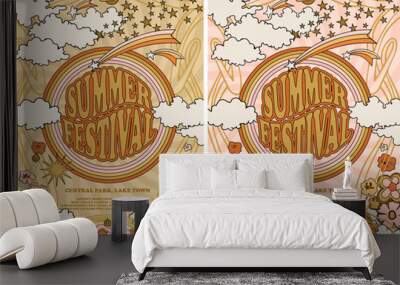 Summer Festival Hippie poster, sky and flowers Wall mural