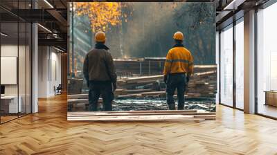 Two sawmill workers wearing a hard hat and yellow safety gear stands in a forested area with logs stacked behind him Wall mural