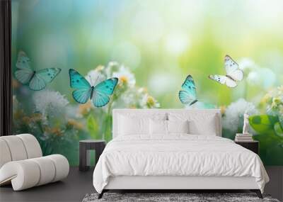 Blue butterflies on green spring meadow with amazing natural lighting - Generative ai Wall mural