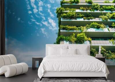 Eco-friendly green building with lush plant-covered balconies Wall mural