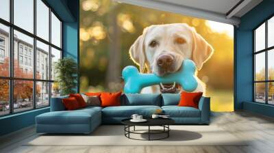 Labrador dog holds a blue bone toy under the sunlight in an outdoor setting Wall mural