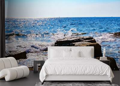 Rocky coast on sunny day with waves Wall mural