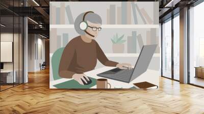 Older person in headphones with a microphone is working on a laptop. Drawing in a flat style. Wall mural