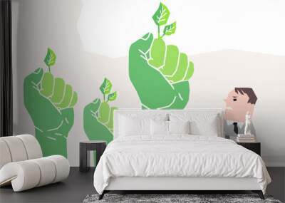 Cartoon Businessman facing three big Protesting Green Hands Wall mural