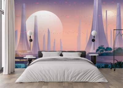 City of the future. Alien city landscape with beautiful public park, lake and flying cars in the sky. Space background. Wall mural