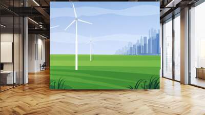 Ecological city landscape, vector background. Green city landscape with wind turbines. Renewable energy. Wall mural