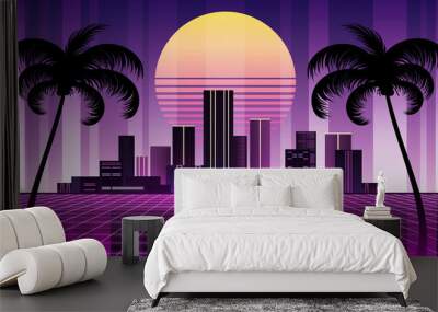 Retro city, neon retrowave vector background. Wall mural