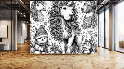 A unicorn coloring pages black and white drawing includes drawing of a unicorn and a cat image used for printing realistic card design Wall mural