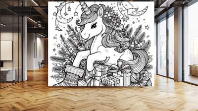 A unicorn coloring pages black and white drawing includes drawing of a unicorn image has illustrative used for printing art Wall mural