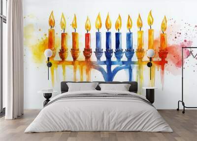  Banner with hanukkah menorah with each candle representing different Hanukkah traditions, watercolor splashes, white space for text. Rosh Hashanah, Jewish New Year holiday or Hannukah greeting card.  Wall mural