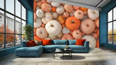  Poster background colourful pumpkins of different sizes. Farmer's market. Biodynamic, self-grown, vegan and vegetarian foods. Autumn harvest and healthy organic food. Thanksgiving concept Wall mural