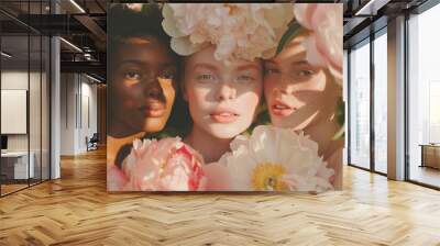 Beauty shoot with three models of ethnically diverse girls dressed in rich colours of pink. Ethnically diverse girls demonstrating light make-up. For beauticians, beauty salons and the cosmetics. Wall mural