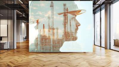 Double exposition. Future building construction engineering project. Oil and gas plant. Building engineer, architect people or construction worker working with modern civil equipment Wall mural