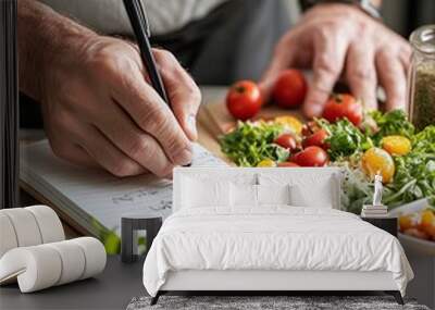 Hands writing in a meal planning notebook, with a kitchen table. person planning, writing weekly meals on a meal planner note or diet plan with healthy food. Banner, wallpaper Wall mural